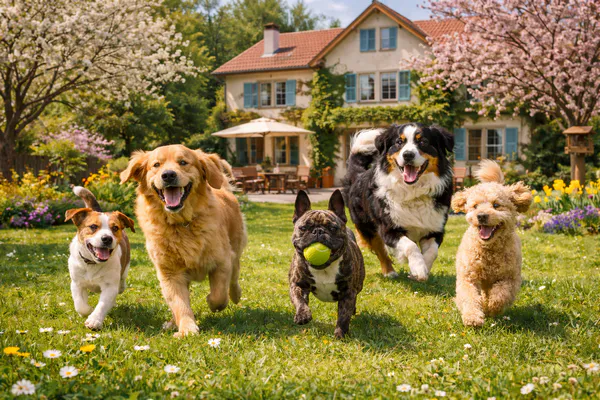 Cinq chiens de races différentes qui courent ensemble dans un jardin