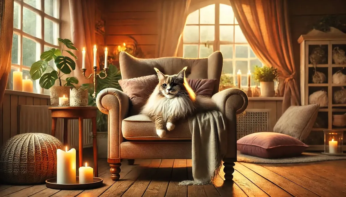 Chat au repos dans un fauteuil, dans une lumière douce
