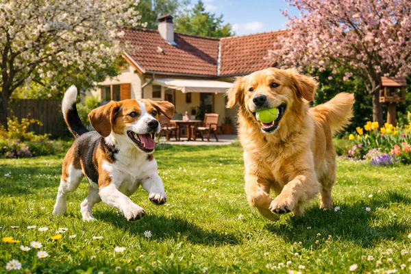 Deux chiens joyeux qui courent dans un jardin fleuri