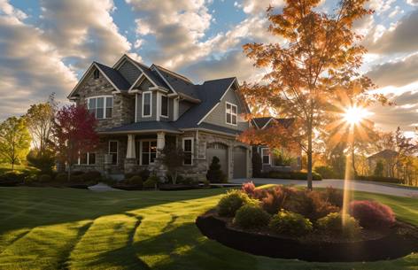 Maison entourée d'arbres et d'un jardin fleuri, dans la lumière du soleil couchant