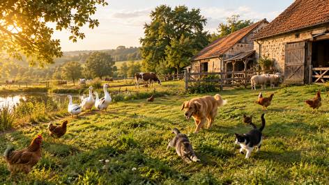 Cour de ferme au soleil couchant, où se côtoient chien, chats, poules, oies, vaches et moutons