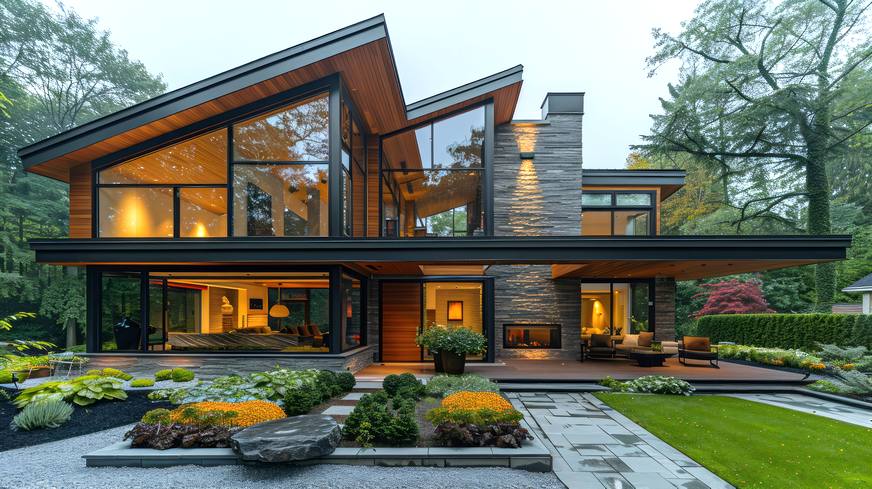 Maison aux larges baies vitrées, éclairée de l'intérieur, au milieu d'un jardin arboré