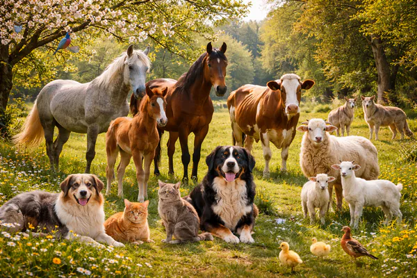 Chevaux, poulain, chiens, chats, vache et moutons réunis dans une prairie