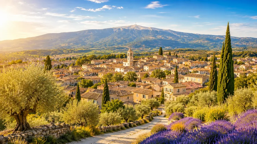 Village provençal aux toits de tuiles, entre oliviers, cyprès et lavandes, le Mont-Ventoux à l'horizon