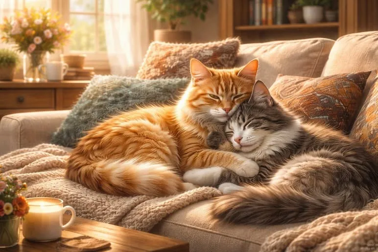 Deux chats blottis l'un contre l'autre sur un canapé, à la lumière d'une bougie