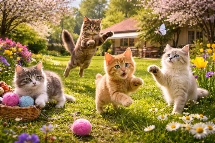 Quatre chatons qui jouent dans un jardin fleuri