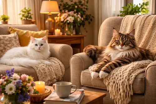 Deux chats paisiblement installés dans des fauteuils, dans un salon chaleureux