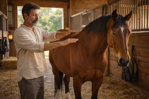 Mains posées sur l'encolure d'un cheval bai, dans le calme d'une écurie