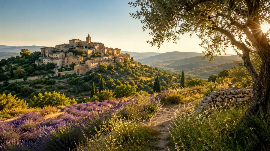 Village perché du Luberon au soleil couchant, entre oliviers et lavandes