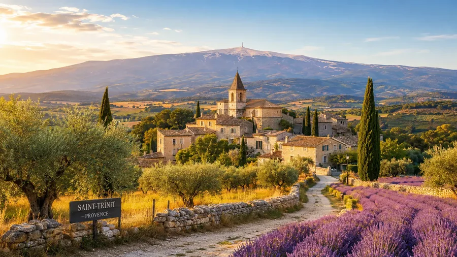 Village de Provence au soleil couchant, entre oliviers et lavandes, le Mont-Ventoux à l'horizon