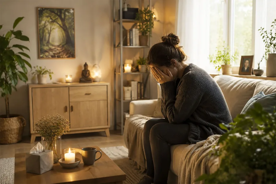 Une femme assise sur son canapé, le visage dans les mains, dans un salon chaleureux éclairé de bougies